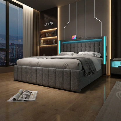 Polsterbett USB Typ C Ladefunktion LED-Beleuchtung und 4 Schubladen,  Mit Matratze,Jugendbetten 160x200cm Doppelbett Stauraumbetten Bettgestell, Lattenrost aus Holz, Grau
