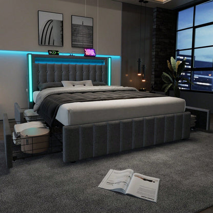 Polsterbett USB Typ C Ladefunktion LED-Beleuchtung und 4 Schubladen,  Mit Matratze,Jugendbetten 160x200cm Doppelbett Stauraumbetten Bettgestell, Lattenrost aus Holz, Grau
