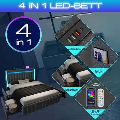 Polsterbett USB Typ C Ladefunktion LED-Beleuchtung und 4 Schubladen,  Mit Matratze,Jugendbetten 160x200cm Doppelbett Stauraumbetten Bettgestell, Lattenrost aus Holz, Grau