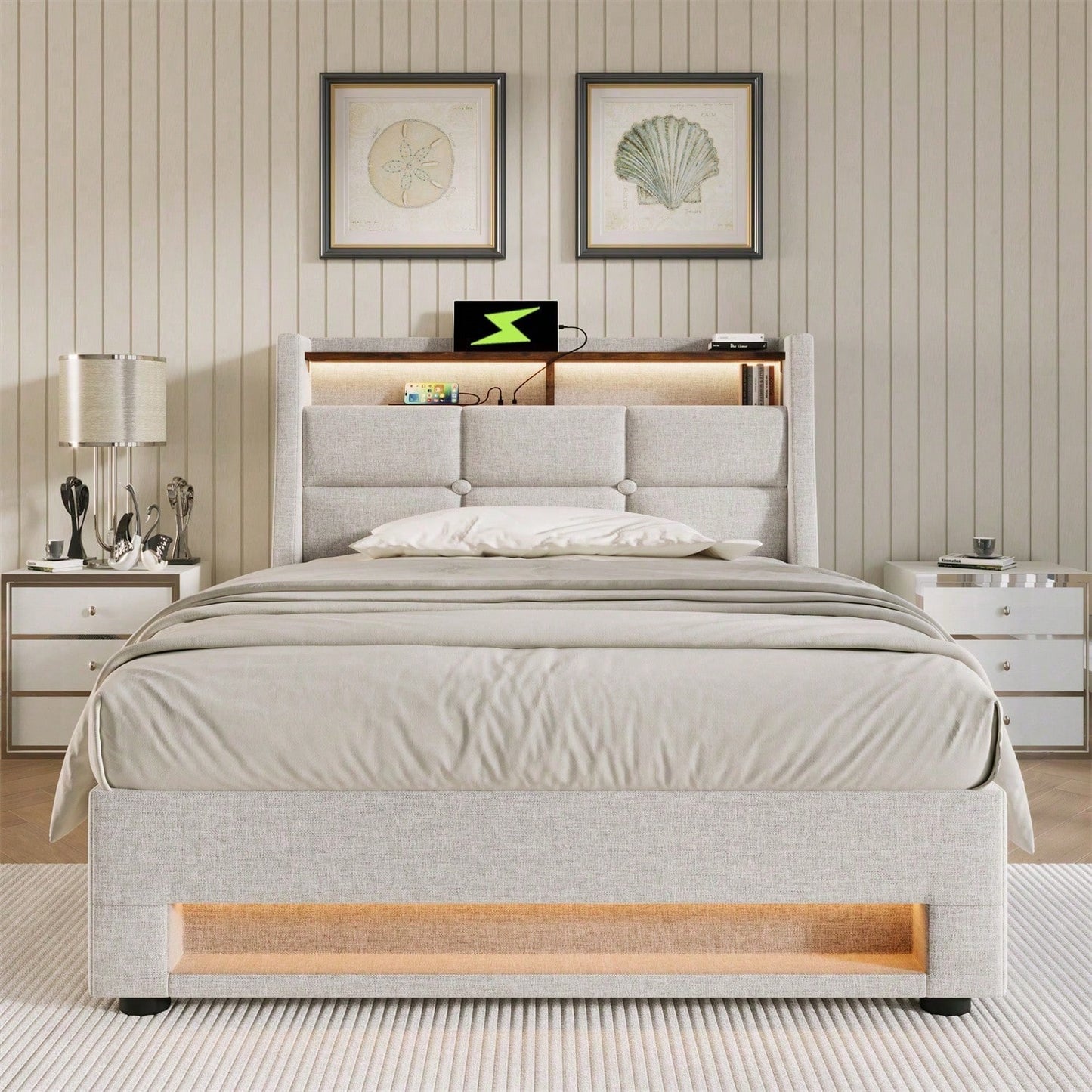 Polsterbett mit USB 90x200cm,LED Einzelbett mit Lattenrost aus Metallrahmen,Bettgestell aus Leinenmaterial Jugendbett