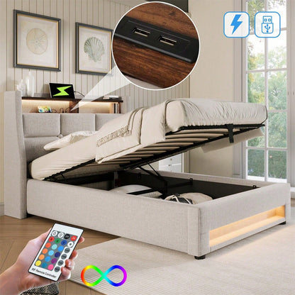 Polsterbett mit USB 90x200cm,LED Einzelbett mit Lattenrost aus Metallrahmen,Bettgestell aus Leinenmaterial Jugendbett