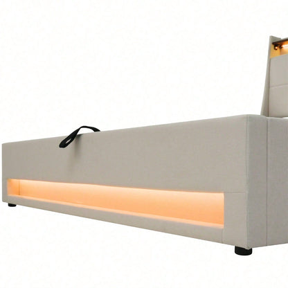 Polsterbett mit USB 90x200cm,LED Einzelbett mit Lattenrost aus Metallrahmen,Bettgestell aus Leinenmaterial Jugendbett