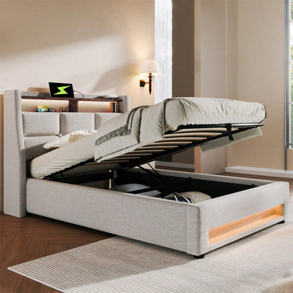 Polsterbett mit USB 90x200cm,LED Einzelbett mit Lattenrost aus Metallrahmen,Bettgestell aus Leinenmaterial Jugendbett