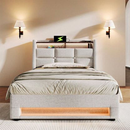Polsterbett mit USB 90x200cm,LED Einzelbett mit Lattenrost aus Metallrahmen,Bettgestell aus Leinenmaterial Jugendbett