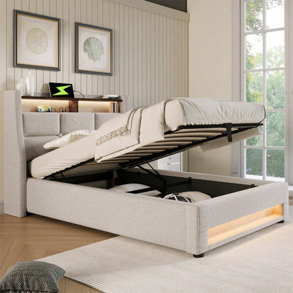 Polsterbett mit USB 90x200cm,LED Einzelbett mit Lattenrost aus Metallrahmen,Bettgestell aus Leinenmaterial Jugendbett