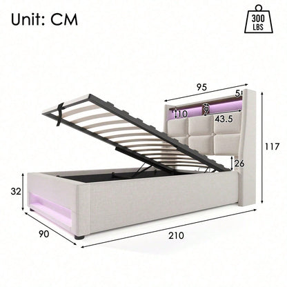 Polsterbett mit USB 90x200cm,LED Einzelbett mit Lattenrost aus Metallrahmen,Bettgestell aus Leinenmaterial Jugendbett