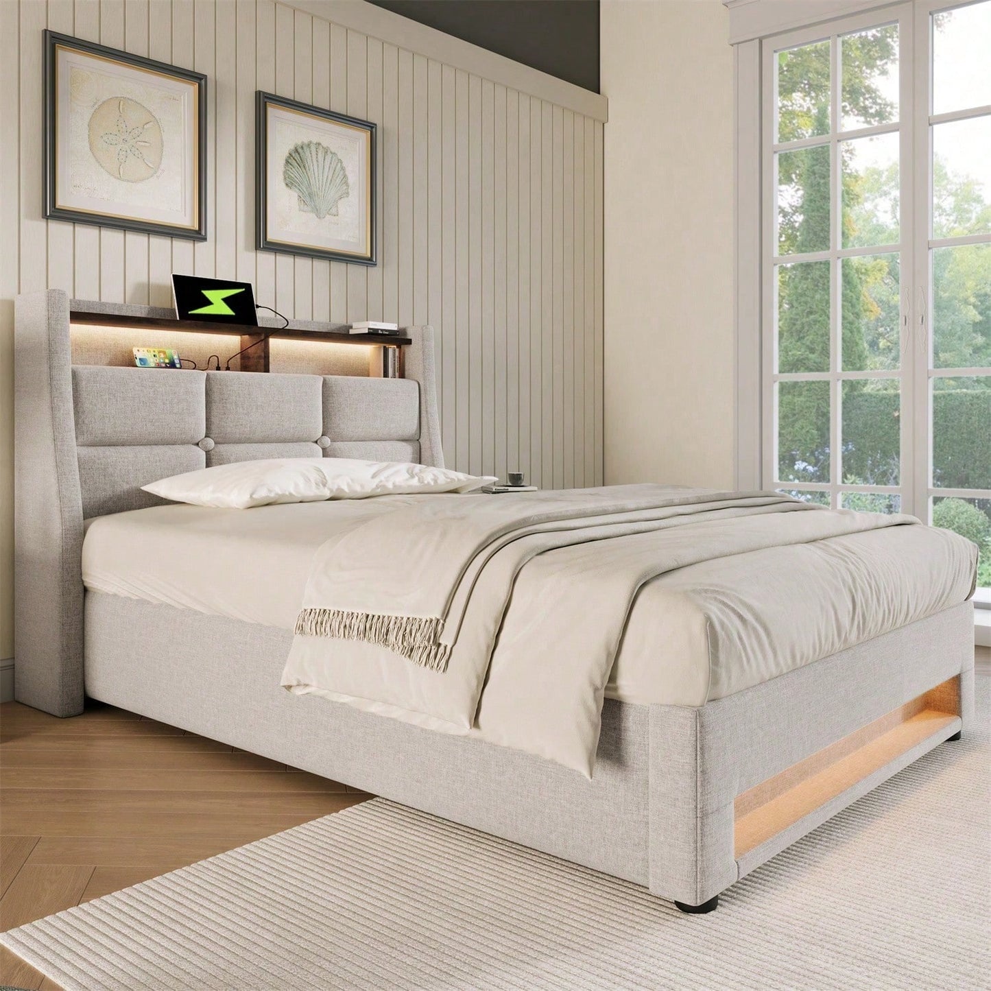 Polsterbett mit USB 90x200cm,LED Einzelbett mit Lattenrost aus Metallrahmen,Bettgestell aus Leinenmaterial Jugendbett