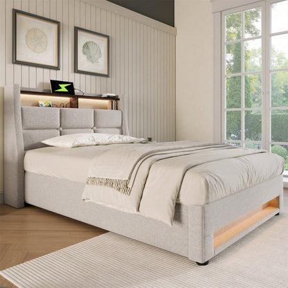 Polsterbett mit USB 90x200cm,LED Einzelbett mit Lattenrost aus Metallrahmen,Bettgestell aus Leinenmaterial Jugendbett