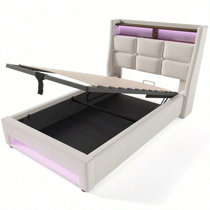 Polsterbett mit USB 90x200cm,LED Einzelbett mit Lattenrost aus Metallrahmen,Bettgestell aus Leinenmaterial Jugendbett