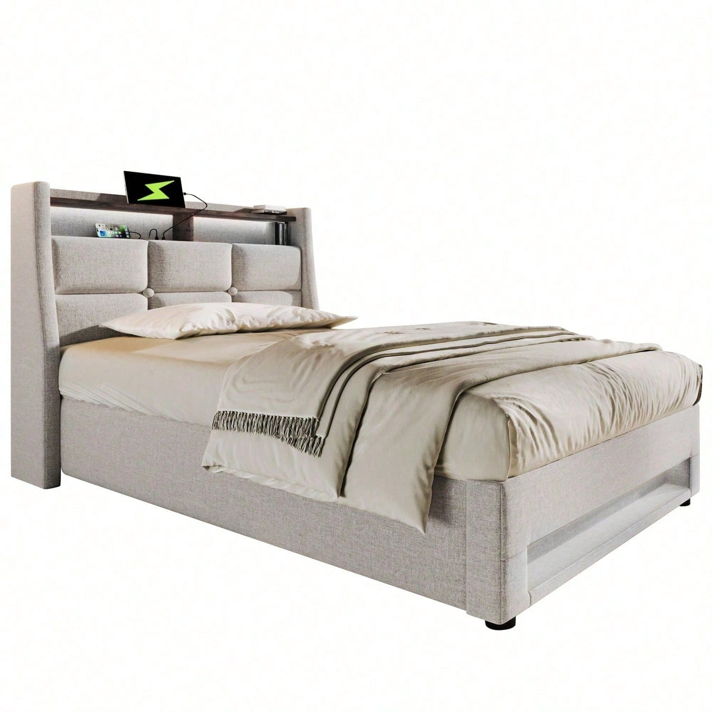 Polsterbett mit USB 90x200cm,LED Einzelbett mit Lattenrost aus Metallrahmen,Bettgestell aus Leinenmaterial Jugendbett