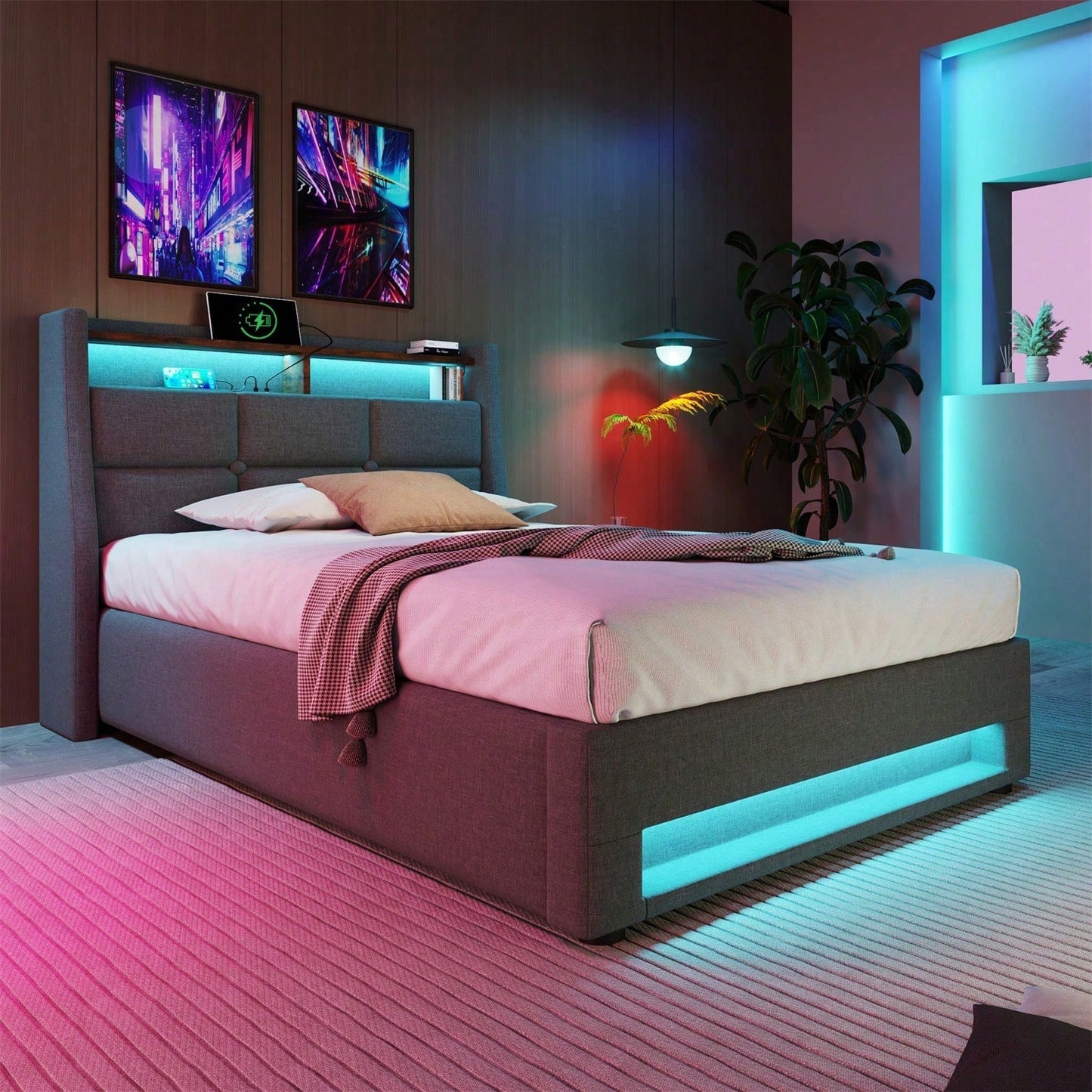 Polsterbett mit USB 90x200cm,LED Einzelbett mit Lattenrost aus Metallrahmen,Bettgestell aus Leinenmaterial Jugendbett