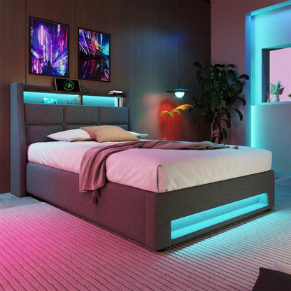 Polsterbett mit USB 90x200cm,LED Einzelbett mit Lattenrost aus Metallrahmen,Bettgestell aus Leinenmaterial Jugendbett