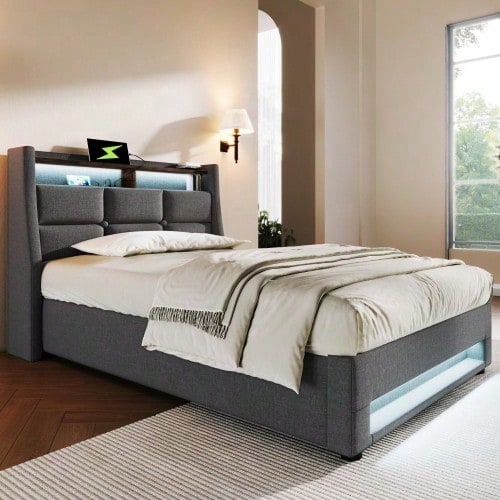 Polsterbett mit USB 90x200cm,LED Einzelbett mit Lattenrost aus Metallrahmen,Bettgestell aus Leinenmaterial Jugendbett