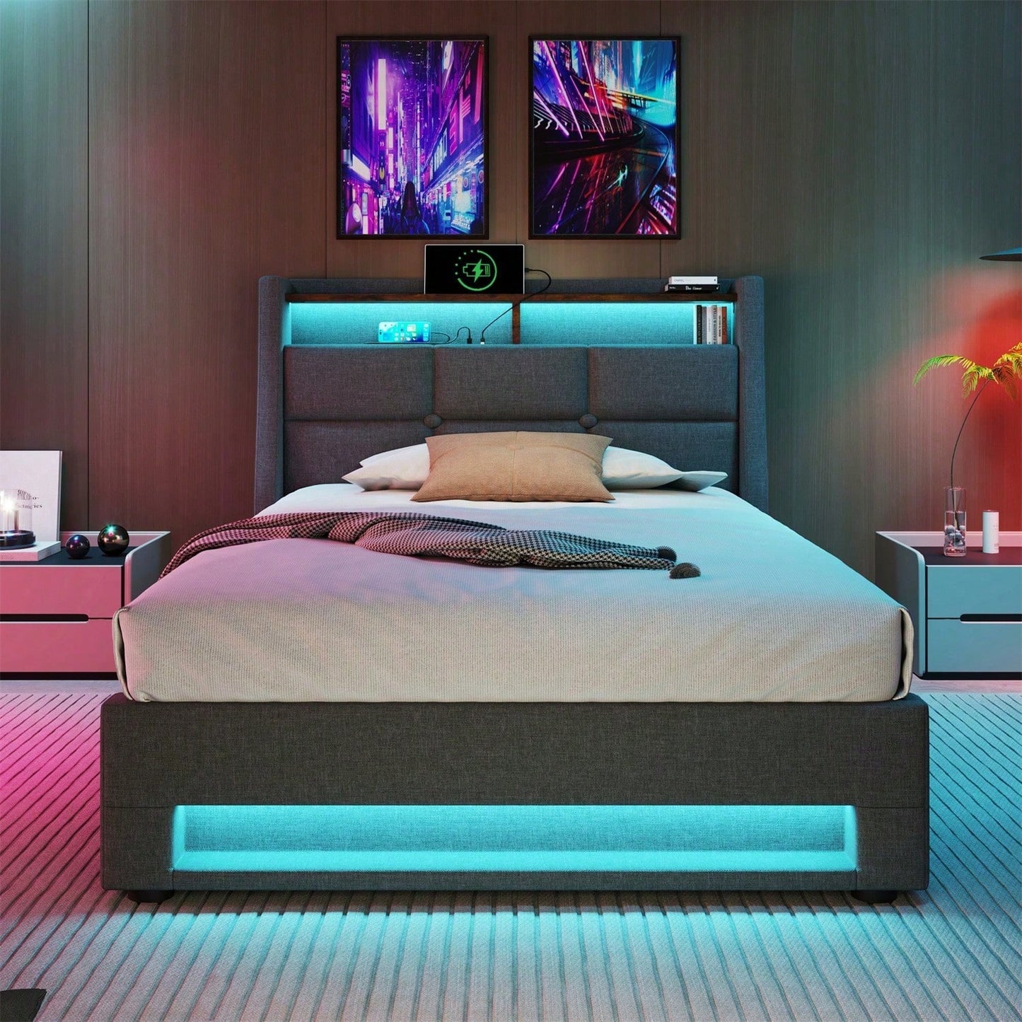 Polsterbett mit USB 90x200cm,LED Einzelbett mit Lattenrost aus Metallrahmen,Bettgestell aus Leinenmaterial Jugendbett