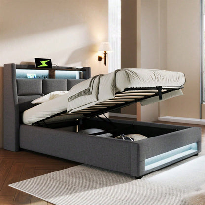 Polsterbett mit USB 90x200cm,LED Einzelbett mit Lattenrost aus Metallrahmen,Bettgestell aus Leinenmaterial Jugendbett
