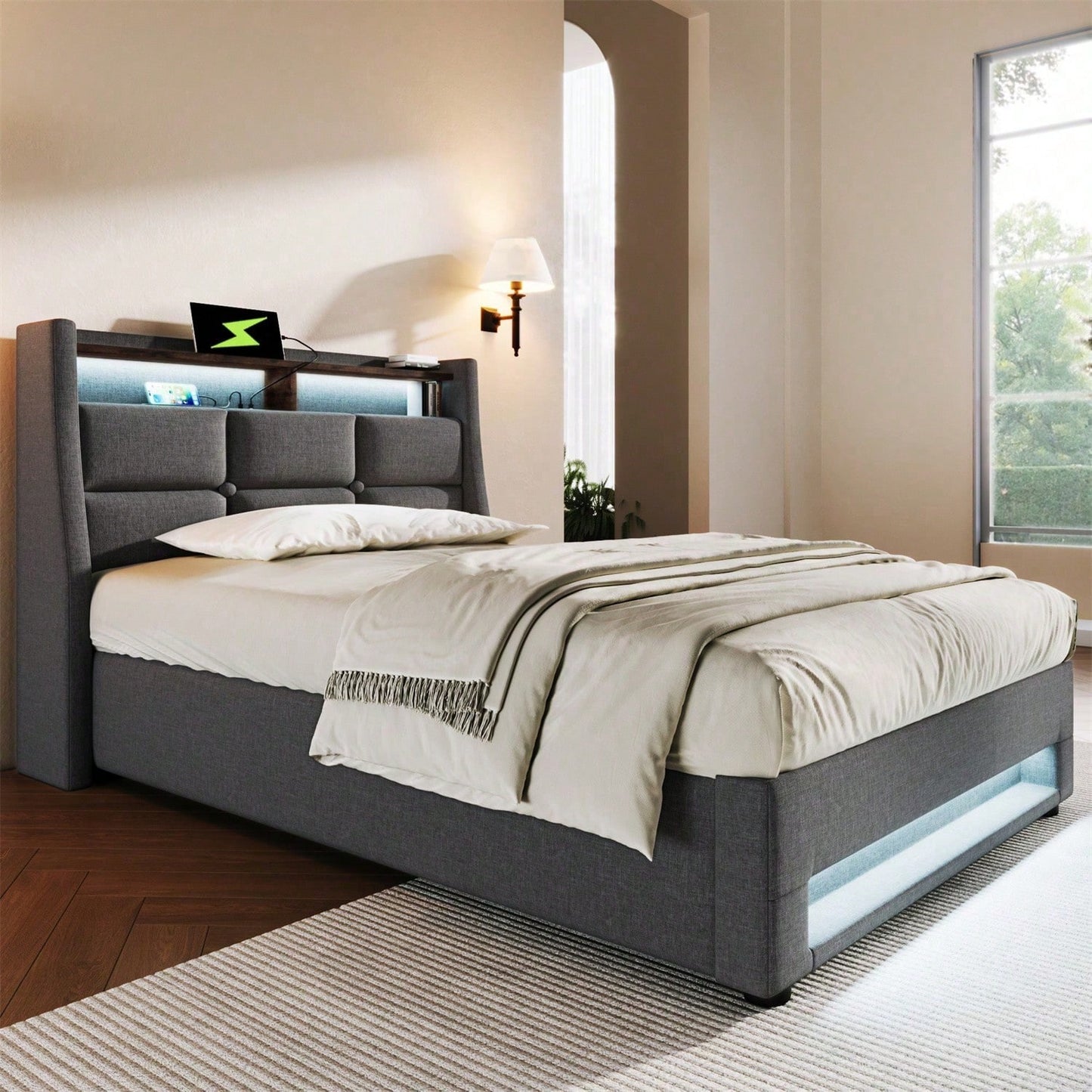 Polsterbett mit USB 90x200cm,LED Einzelbett mit Lattenrost aus Metallrahmen,Bettgestell aus Leinenmaterial Jugendbett