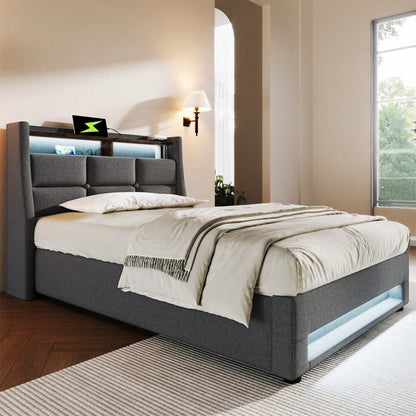 Polsterbett mit USB 90x200cm,LED Einzelbett mit Lattenrost aus Metallrahmen,Bettgestell aus Leinenmaterial Jugendbett