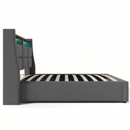 Polsterbett mit USB 90x200cm,LED Einzelbett mit Lattenrost aus Metallrahmen,Bettgestell aus Leinenmaterial Jugendbett