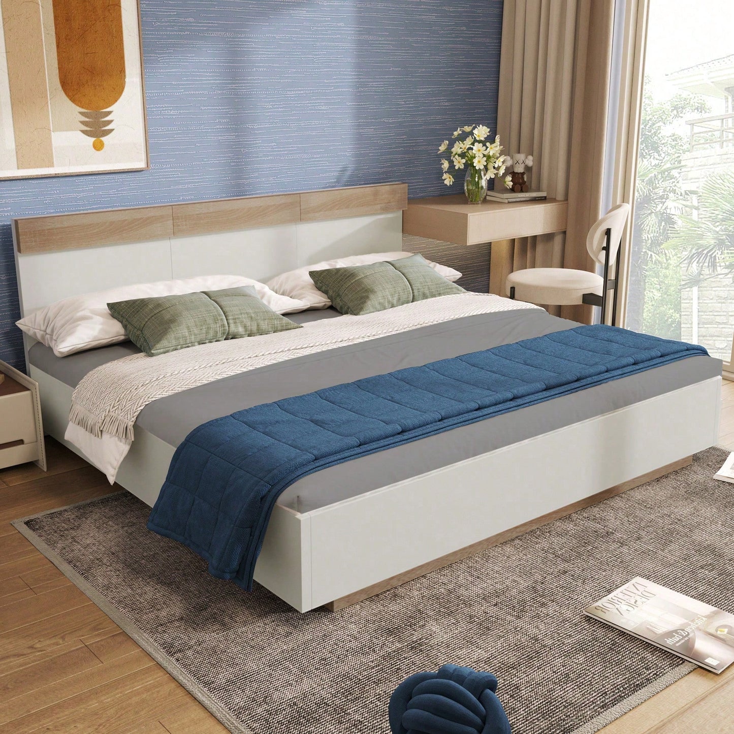 Doppelbett Holzbett Schwebebett mit Kopfteil aus Bettgestell &Lattenrost-205x164x90.5 cm(T/B/H) Set in Eiche Sonoma/Weiß