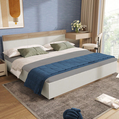 Doppelbett Holzbett Schwebebett mit Kopfteil aus Bettgestell &Lattenrost-205x164x90.5 cm(T/B/H) Set in Eiche Sonoma/Weiß