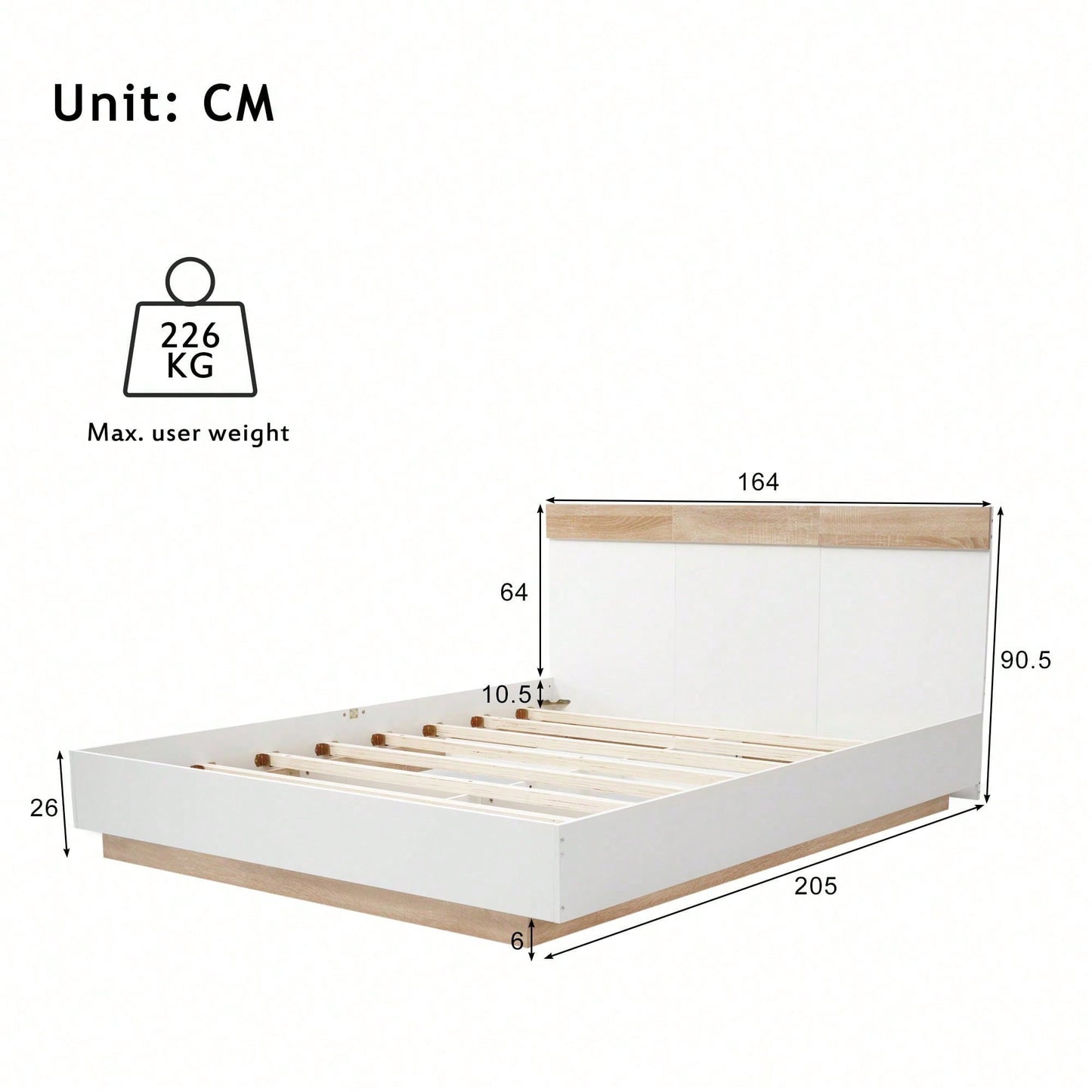 Doppelbett Holzbett Schwebebett mit Kopfteil aus Bettgestell &Lattenrost-205x164x90.5 cm(T/B/H) Set in Eiche Sonoma/Weiß