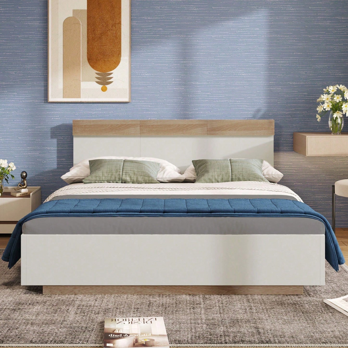 Doppelbett Holzbett Schwebebett mit Kopfteil aus Bettgestell &Lattenrost-205x164x90.5 cm(T/B/H) Set in Eiche Sonoma/Weiß