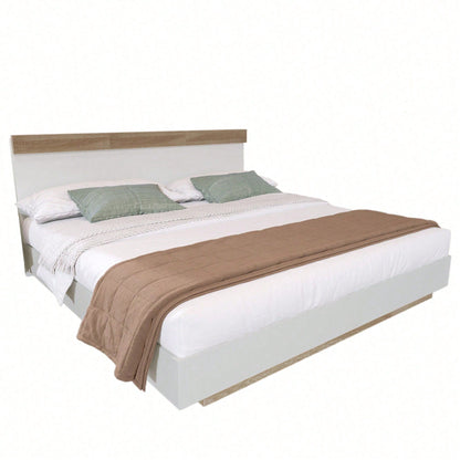 Doppelbett Holzbett Schwebebett mit Kopfteil aus Bettgestell &Lattenrost-205x164x90.5 cm(T/B/H) Set in Eiche Sonoma/Weiß