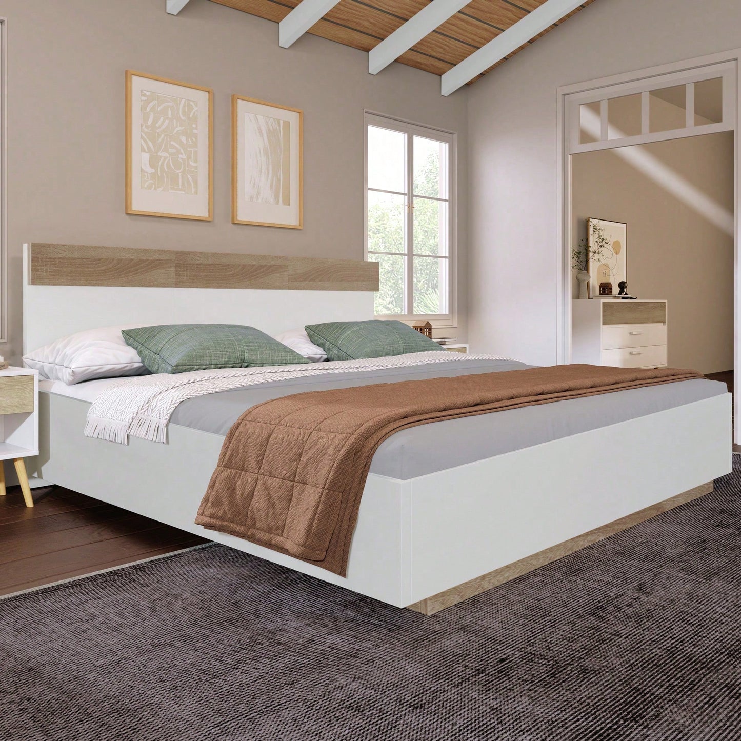 Doppelbett Holzbett Schwebebett mit Kopfteil aus Bettgestell &Lattenrost-205x164x90.5 cm(T/B/H) Set in Eiche Sonoma/Weiß