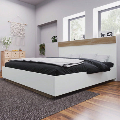 Doppelbett Holzbett Schwebebett mit Kopfteil aus Bettgestell &Lattenrost-205x164x90.5 cm(T/B/H) Set in Eiche Sonoma/Weiß