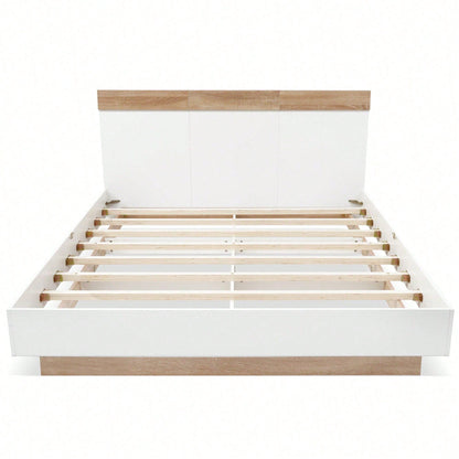 Doppelbett Holzbett Schwebebett mit Kopfteil aus Bettgestell &Lattenrost-205x164x90.5 cm(T/B/H) Set in Eiche Sonoma/Weiß