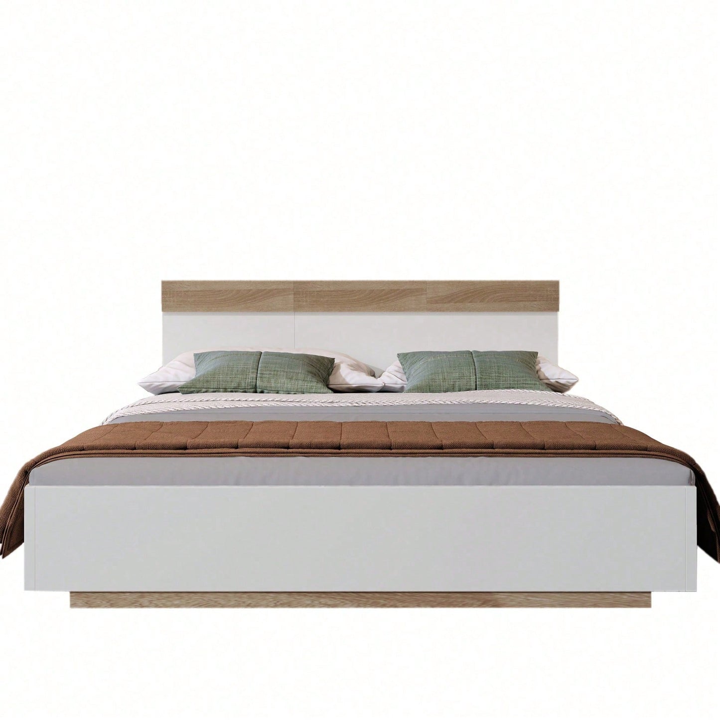 Doppelbett Holzbett Schwebebett mit Kopfteil aus Bettgestell &Lattenrost-205x164x90.5 cm(T/B/H) Set in Eiche Sonoma/Weiß
