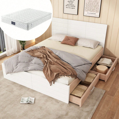 Doppelbett Holzbett Bettanlage 140*200cm mit 2 Schubladen,Modernes Bett inkl. Bettgestell &Lattenrost-207*80*145cm (L*H*B) Set in Eiche/Weiß
