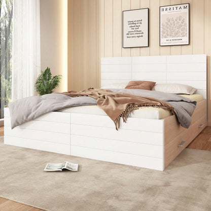 Doppelbett Holzbett Bettanlage 140*200cm mit 2 Schubladen,Modernes Bett inkl. Bettgestell &Lattenrost-207*80*145cm (L*H*B) Set in Eiche/Weiß