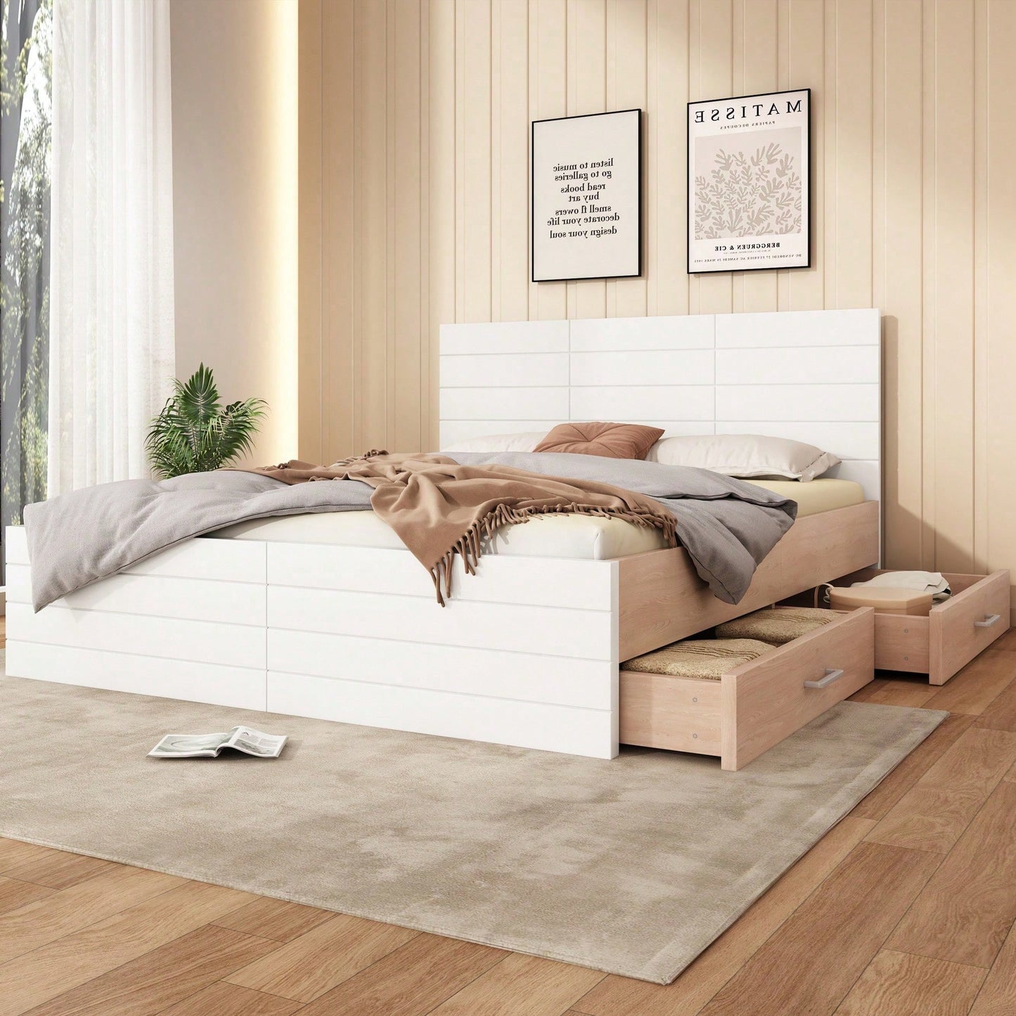 Doppelbett Holzbett Bettanlage 140*200cm mit 2 Schubladen,Modernes Bett inkl. Bettgestell &Lattenrost-207*80*145cm (L*H*B) Set in Eiche/Weiß