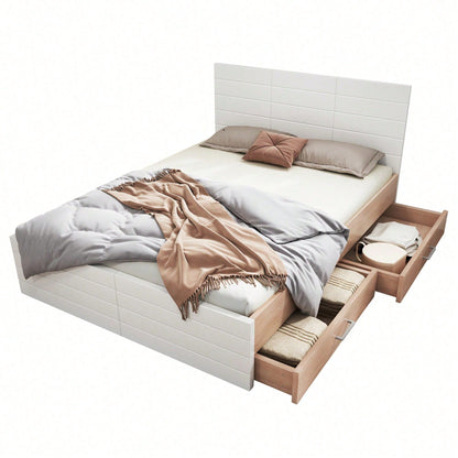 Doppelbett Holzbett Bettanlage 140*200cm mit 2 Schubladen,Modernes Bett inkl. Bettgestell &Lattenrost-207*80*145cm (L*H*B) Set in Eiche/Weiß