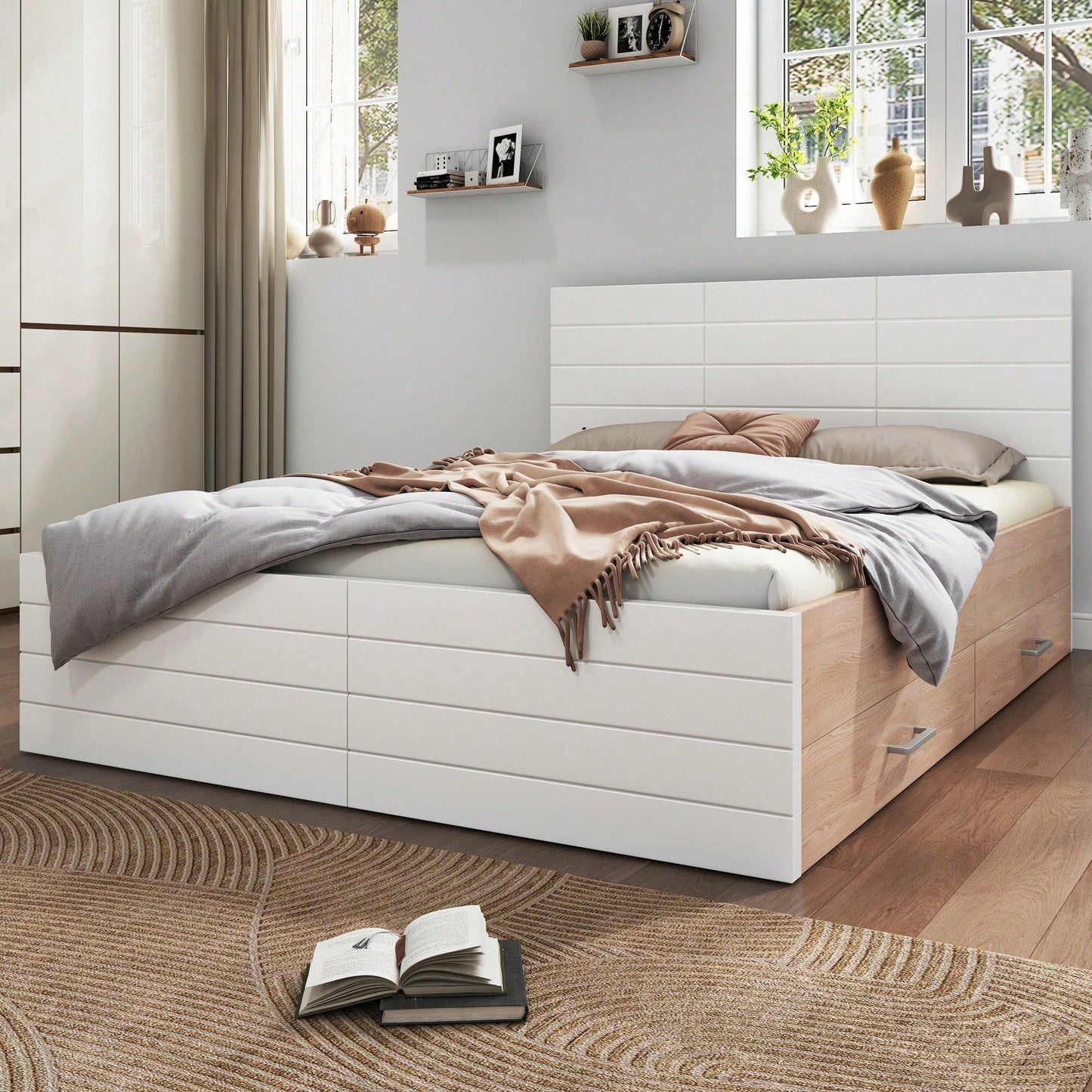 Doppelbett Holzbett Bettanlage 140*200cm mit 2 Schubladen,Modernes Bett inkl. Bettgestell &Lattenrost-207*80*145cm (L*H*B) Set in Eiche/Weiß