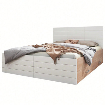 Doppelbett Holzbett Bettanlage 140*200cm mit 2 Schubladen,Modernes Bett inkl. Bettgestell &Lattenrost-207*80*145cm (L*H*B) Set in Eiche/Weiß