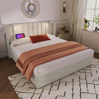 Polsterbett Doppelbett Leselicht mit Ladefunktion Kopfteil Stauraum Bettgestell Leinenmaterial Jugendbett 140x200 mit lattenrost,Natürlich