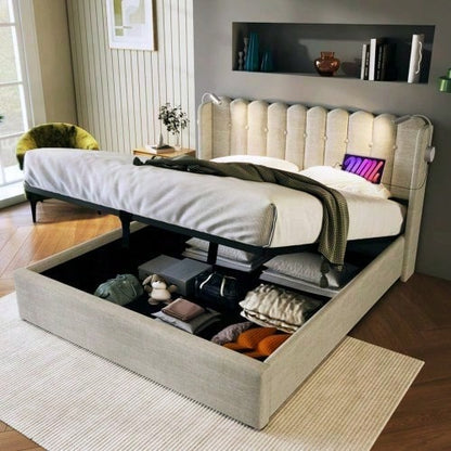 Polsterbett Doppelbett Leselicht mit Ladefunktion Kopfteil Stauraum Bettgestell Leinenmaterial Jugendbett 140x200 mit lattenrost,Natürlich