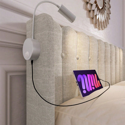 Polsterbett Doppelbett Leselicht mit Ladefunktion Kopfteil Stauraum Bettgestell Leinenmaterial Jugendbett 140x200 mit lattenrost,Natürlich