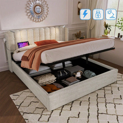 Polsterbett Doppelbett Leselicht mit Ladefunktion Kopfteil Stauraum Bettgestell Leinenmaterial Jugendbett 140x200 mit lattenrost,Natürlich