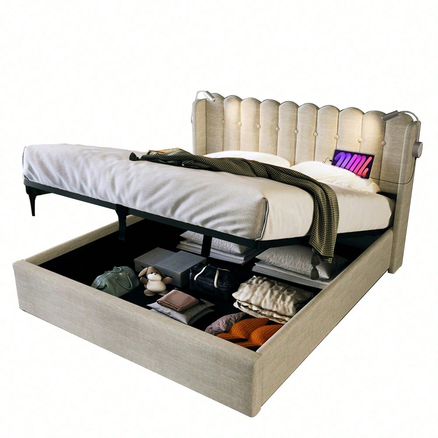 Polsterbett Doppelbett Leselicht mit Ladefunktion Kopfteil Stauraum Bettgestell Leinenmaterial Jugendbett 140x200 mit lattenrost,Natürlich