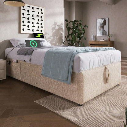 Polsterbett Einzelbett 90*200 cm, Struraumbett Bettgestell mit USB- C und Vollflächiger Lattenrost, Ohne Kopfteil, Baumwolle, Grau