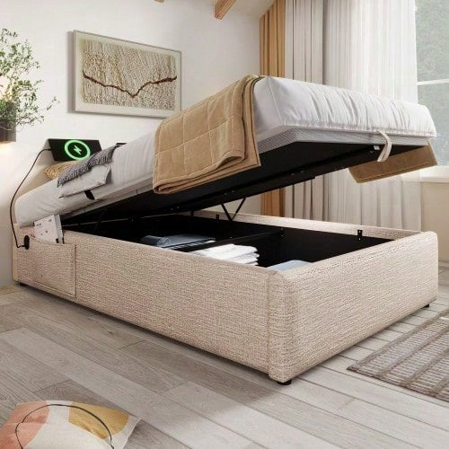 Polsterbett Einzelbett 90*200 cm, Struraumbett Bettgestell mit USB- C und Vollflächiger Lattenrost, Ohne Kopfteil, Baumwolle, Grau