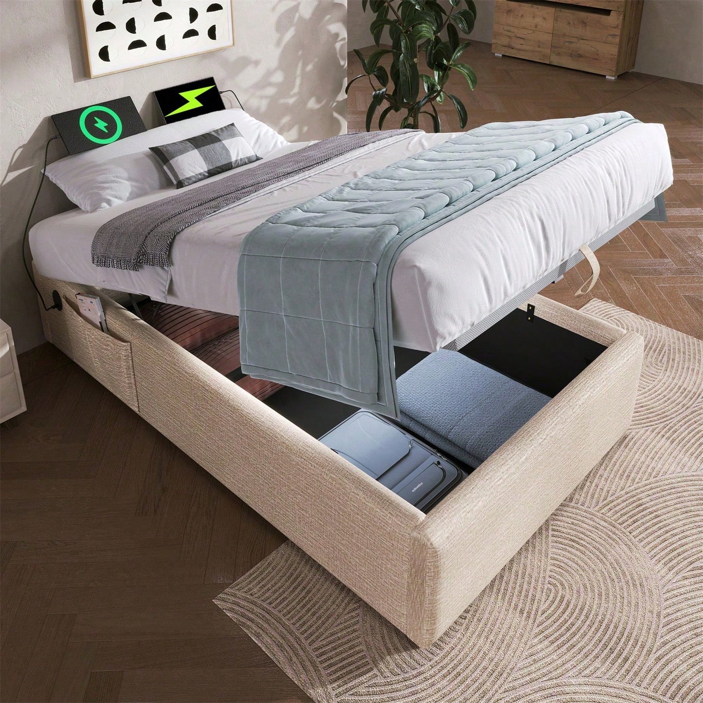 Polsterbett Einzelbett 90*200 cm, Struraumbett Bettgestell mit USB- C und Vollflächiger Lattenrost, Ohne Kopfteil, Baumwolle, Grau