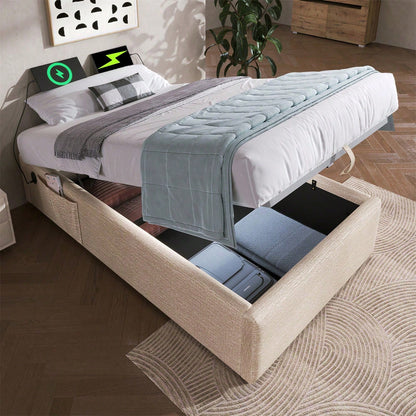 Polsterbett Einzelbett 90*200 cm, Struraumbett Bettgestell mit USB- C und Vollflächiger Lattenrost, Ohne Kopfteil, Baumwolle, Grau