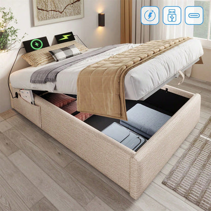 Polsterbett Einzelbett 90*200 cm, Struraumbett Bettgestell mit USB- C und Vollflächiger Lattenrost, Ohne Kopfteil, Baumwolle, Grau