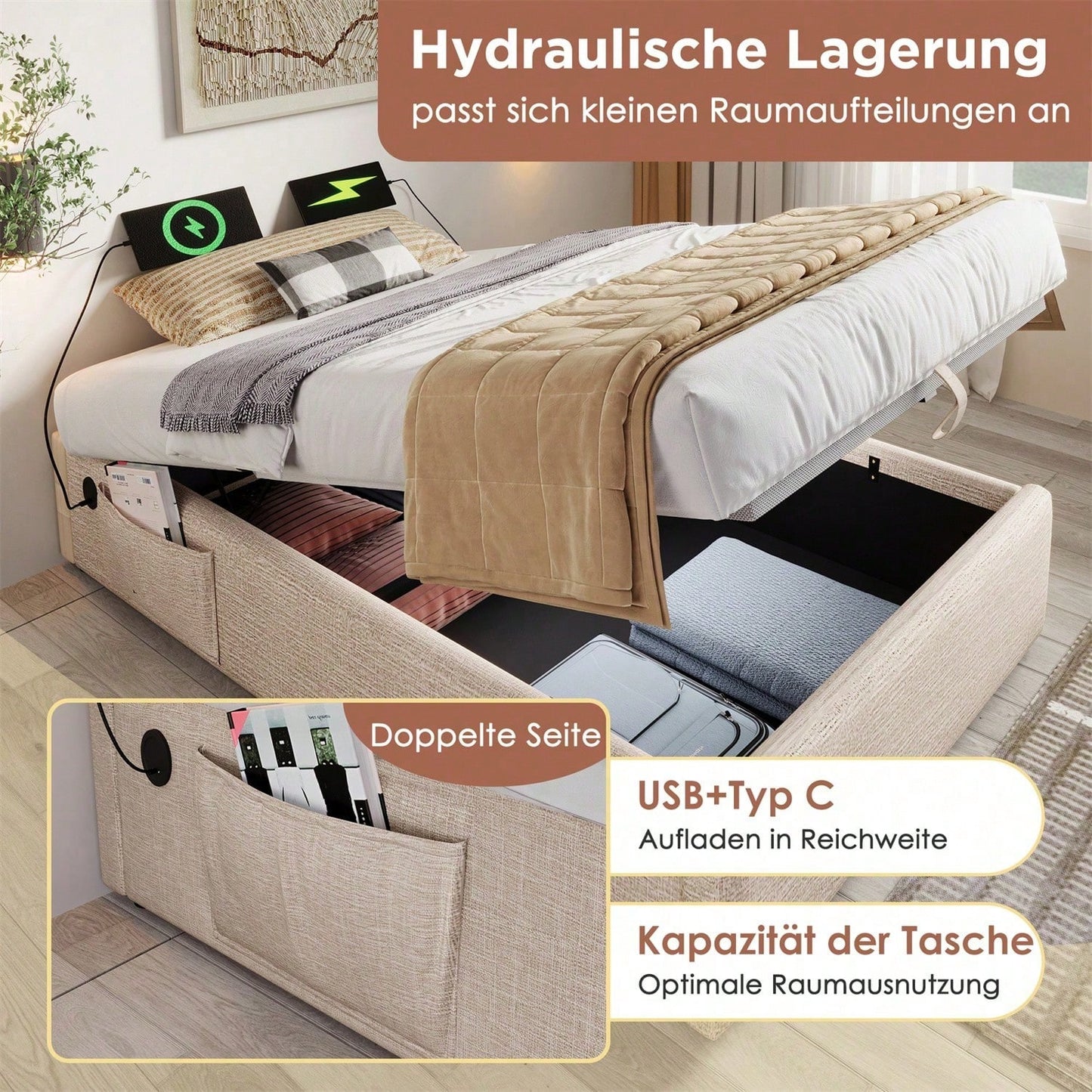 Polsterbett Einzelbett 90*200 cm, Struraumbett Bettgestell mit USB- C und Vollflächiger Lattenrost, Ohne Kopfteil, Baumwolle, Grau