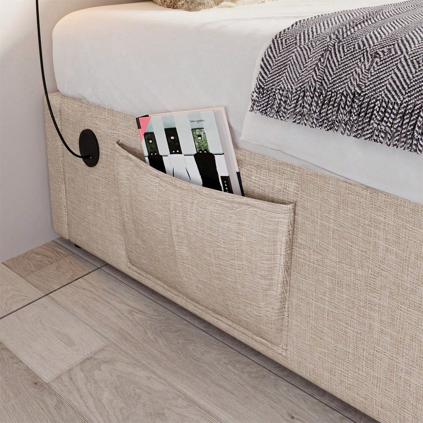 Polsterbett Einzelbett 90*200 cm, Struraumbett Bettgestell mit USB- C und Vollflächiger Lattenrost, Ohne Kopfteil, Baumwolle, Grau