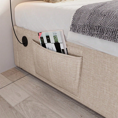 Polsterbett Einzelbett 90*200 cm, Struraumbett Bettgestell mit USB- C und Vollflächiger Lattenrost, Ohne Kopfteil, Baumwolle, Grau